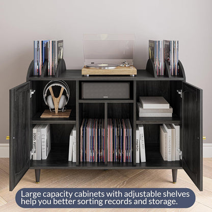 Mid-Century Record Player Stand, Vinyl Record Storage Cabinet Holds up to 350+ Albums, Rattern Decorated Turntable Stand with Power Outlet for Living Room, Office - Brown
