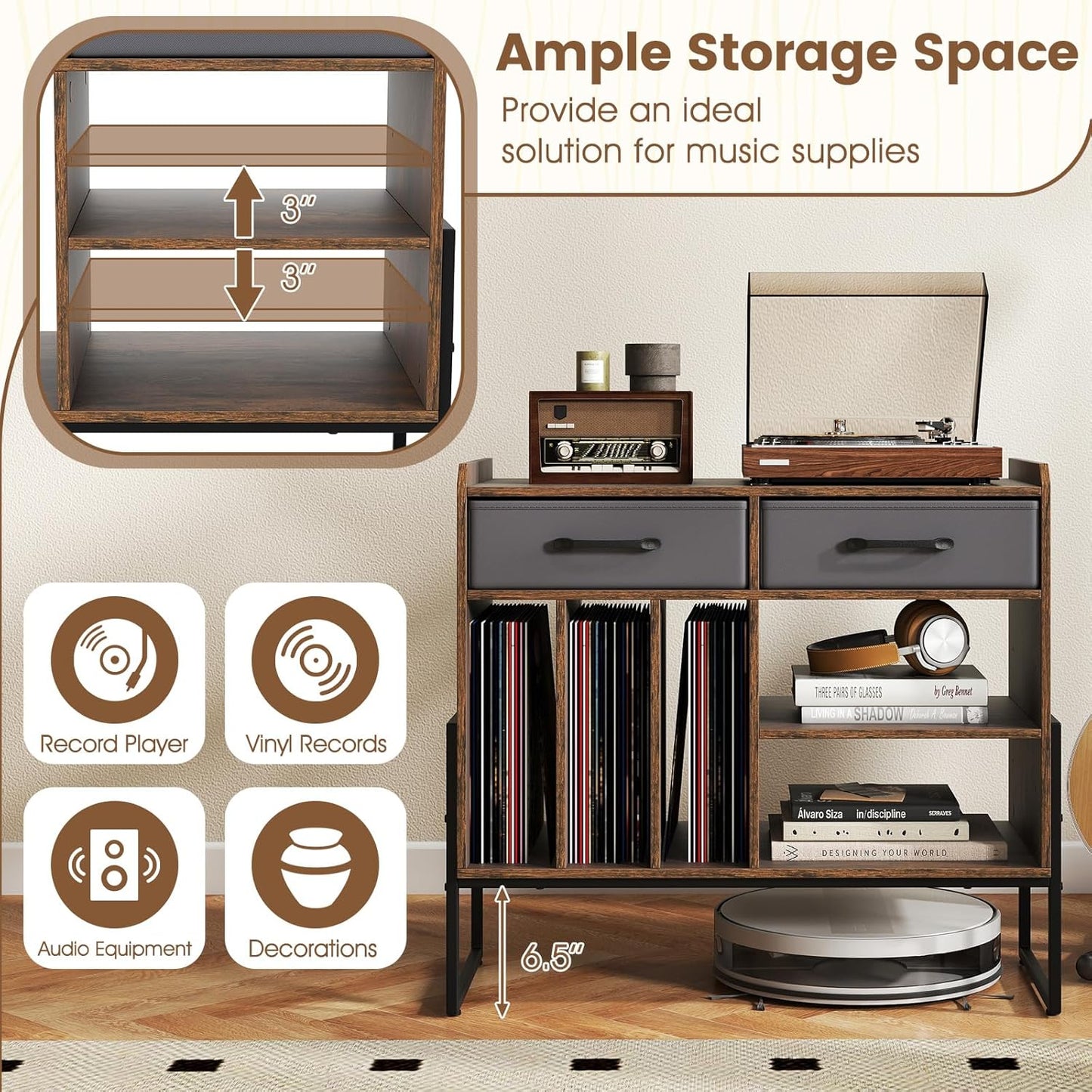 Large Record Player Stand with Charging Station, Modern Turntable Stand W/2 Fabric Drawers & Adjustable Shelf, Record Player Table, Vinyl Record Storage for Living Room (Rustic Brown)