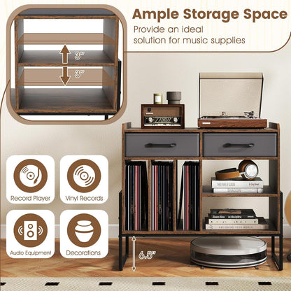 Large Record Player Stand with Charging Station, Modern Turntable Stand W/2 Fabric Drawers & Adjustable Shelf, Record Player Table, Vinyl Record Storage for Living Room (Rustic Brown)