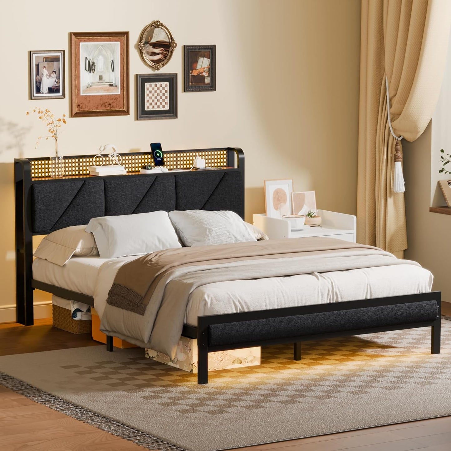 Queen Bed Frame with Headboard and Storage Shelf, LED Light and Charging Station, Metal Platform Bed with Heavy Duty Slats, No Box Spring Needed, Noise Free & Easy Assembly