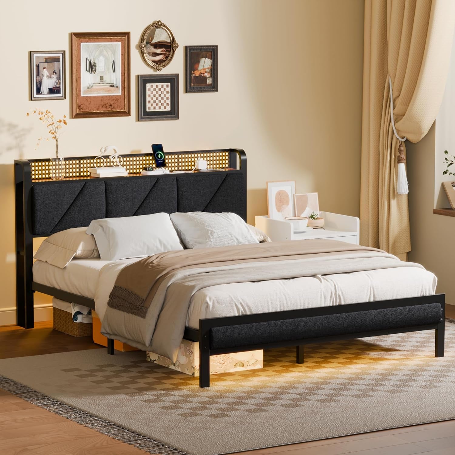 Queen Bed Frame with Headboard and Storage Shelf, LED Light and Charging Station, Metal Platform Bed with Heavy Duty Slats, No Box Spring Needed, Noise Free & Easy Assembly