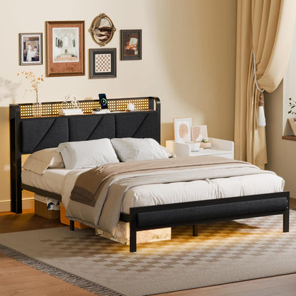 Queen Bed Frame with Headboard and Storage Shelf, LED Light and Charging Station, Metal Platform Bed with Heavy Duty Slats, No Box Spring Needed, Noise Free & Easy Assembly