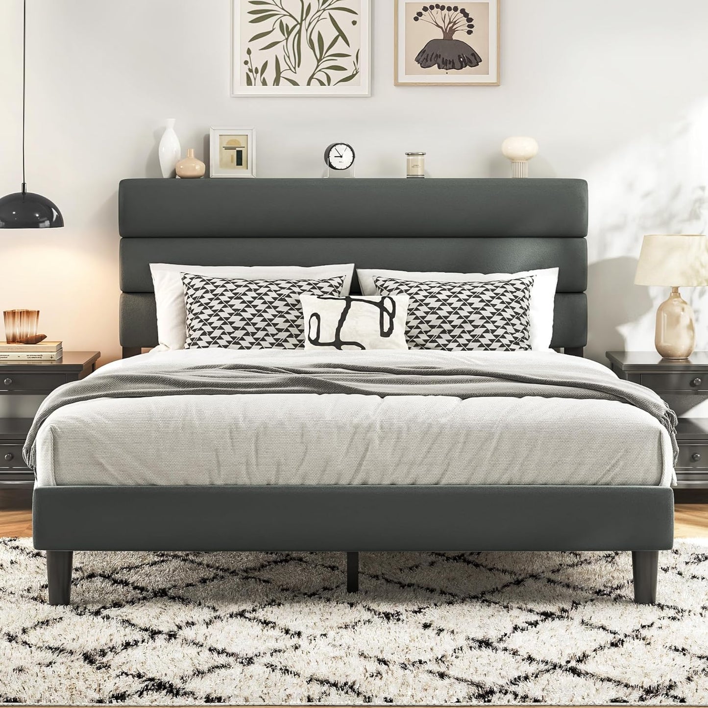 Queen Size Bed Frame, Platform Bed Frame with Velvet Upholstered Headboard, No Box Spring Needed, Sturdy Metal Support, Noise Free, Easy Assembly, Grey