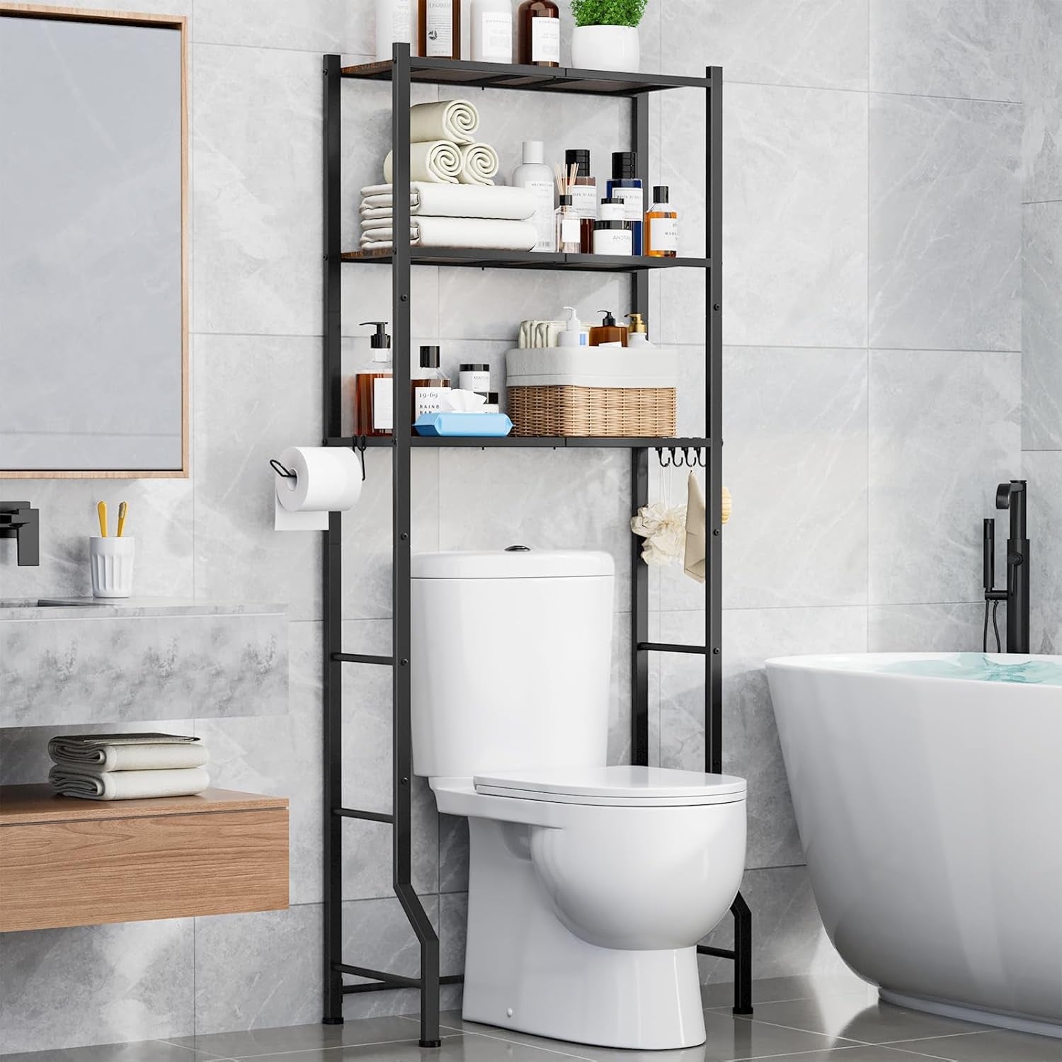 Over-The-Toilet Storage Rack - Freestanding over the Toilet Storage Cabinet with Paper Holder & Hooks, Bathroom Organizers and Storage, 25" X 11.8" X 59.8", Brown + Black