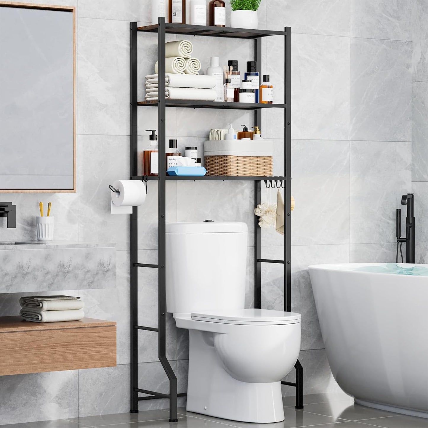 Over-The-Toilet Storage Rack - Freestanding over the Toilet Storage Cabinet with Paper Holder & Hooks, Bathroom Organizers and Storage, 25" X 11.8" X 60.2", Brown + Black