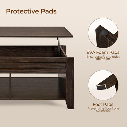 Lift Top Coffee Table with Hidden Storage Compartment & 2 Open Shelves, Rising Tabletop Pop up Center Table for Living Room Reception Room, 47.5'' L, Espresso