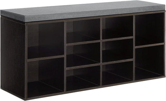 Shoe Bench - 10 Compartment Shoe Organizer with 3-Tier Rack & Adjustable Shelves for Living Room, Entryway, Hallway, Bedroom (Black)