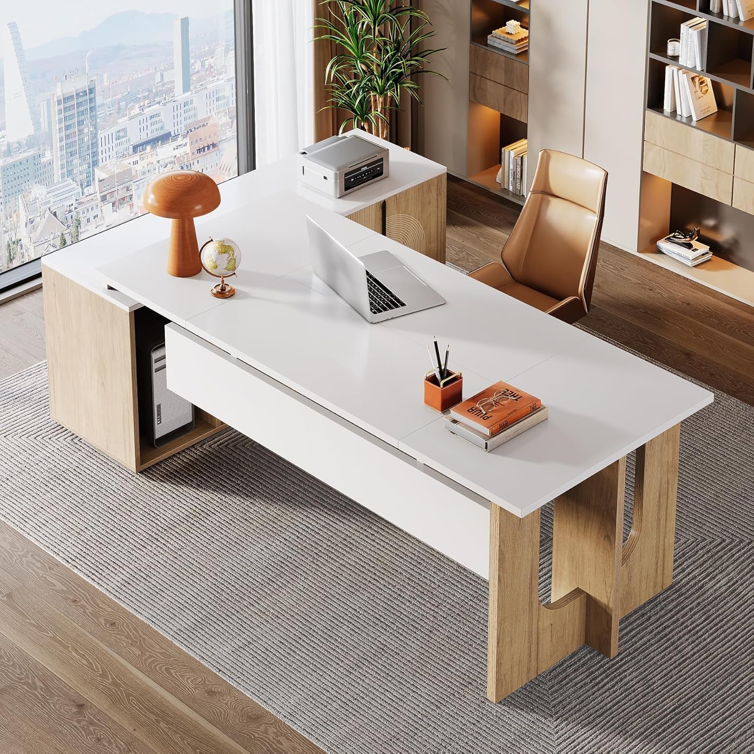 74.8 Inch Executive Desk, Large Office Desk with Cabinet, L Shaped Computer Desk with Shelves and CPU Storage, Modern Home Office Desks Business Furniture Workstation Set, White and Wood