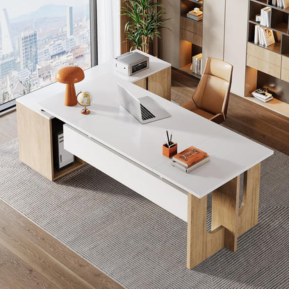 74.8 Inch Executive Desk, Large Office Desk with Cabinet, L Shaped Computer Desk with Shelves and CPU Storage, Modern Home Office Desks Business Furniture Workstation Set, White and Wood