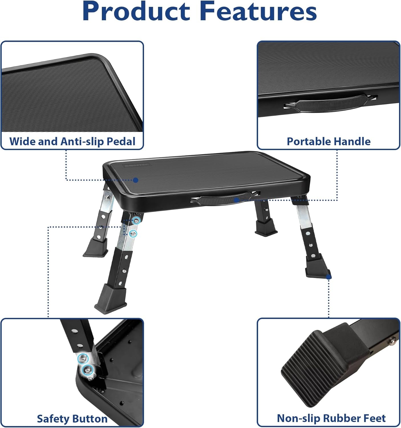 Folding Step Stool, 3-Level Adjustable Metal Step Stool with Anti-Slip Pedal and Locking Legs, 330Lbs Heavy Duty Folding Foot Stool, Portable Stepping Stool for Kids, Kitchen, Home, Office