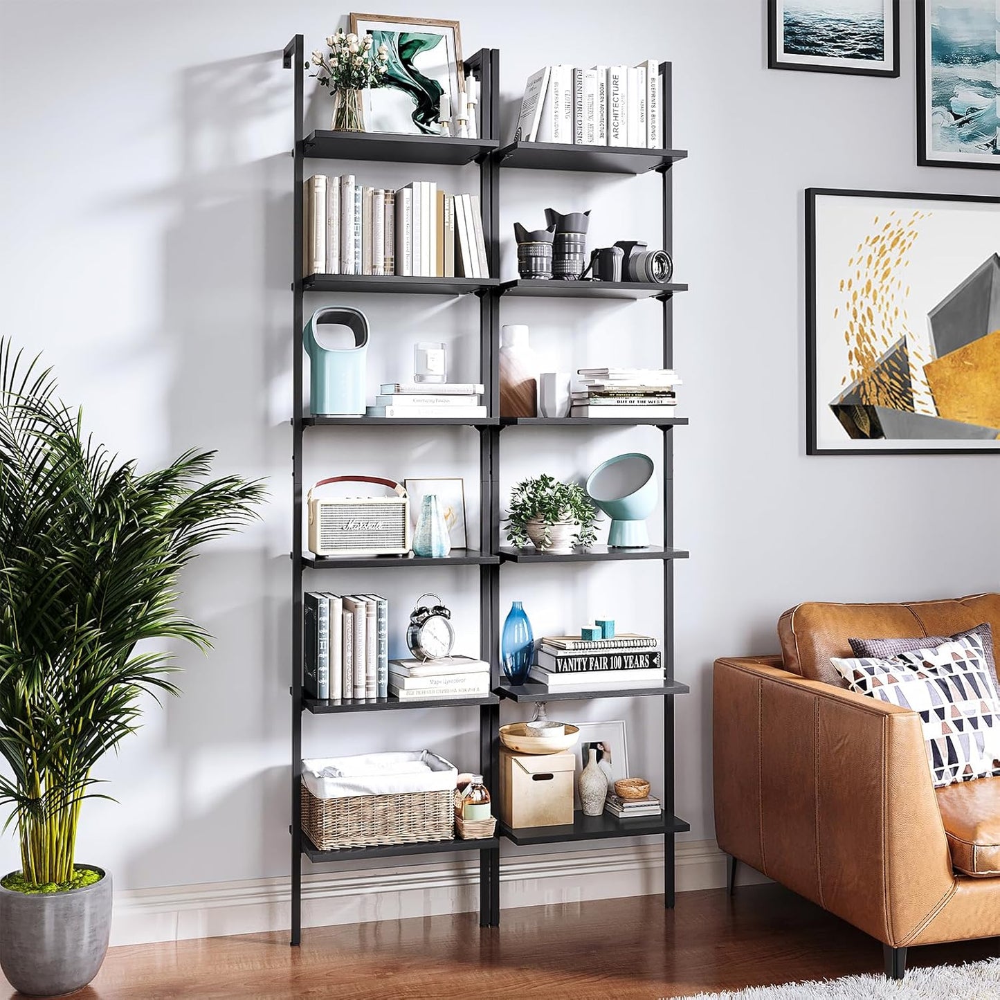 6-Tier Ladder Bookcase, Industrial Storage Shelf with Metal Frame for Living Room, Home Office, Kitchen & Bedroom, Space Saving Freestanding Organizer Rack, Black (8" D X 16" W X 87" H)