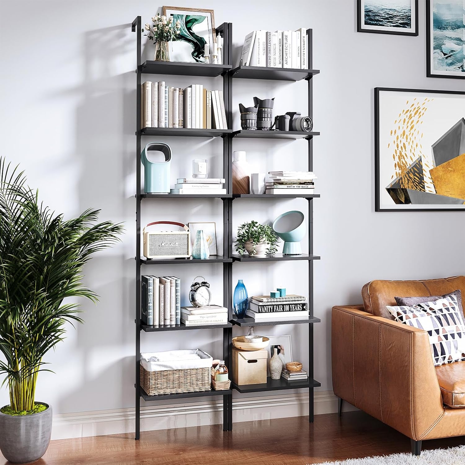 6-Tier Ladder Bookcase, Industrial Storage Shelf with Metal Frame for Living Room, Home Office, Kitchen & Bedroom, Space Saving Freestanding Organizer Rack, Black (8" D X 16" W X 87" H)