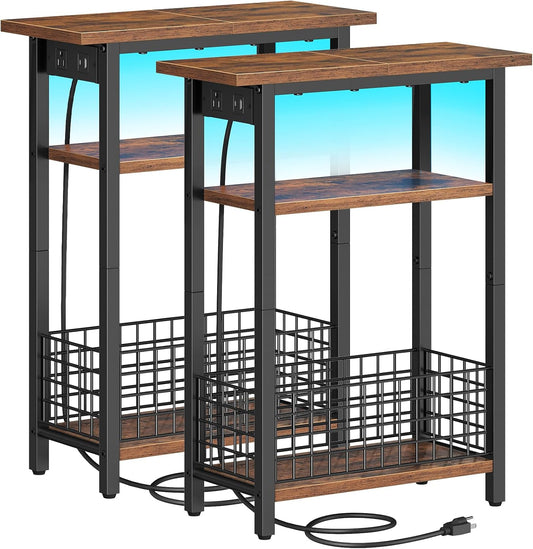 Narrow Side Table with Charging Station and LED Light, Set of 2, Small End Table with Storage, Skinny Nightstand Slim Bedside Table for Small Spaces, Living Room, Rustic Brown BF242UDBZP201