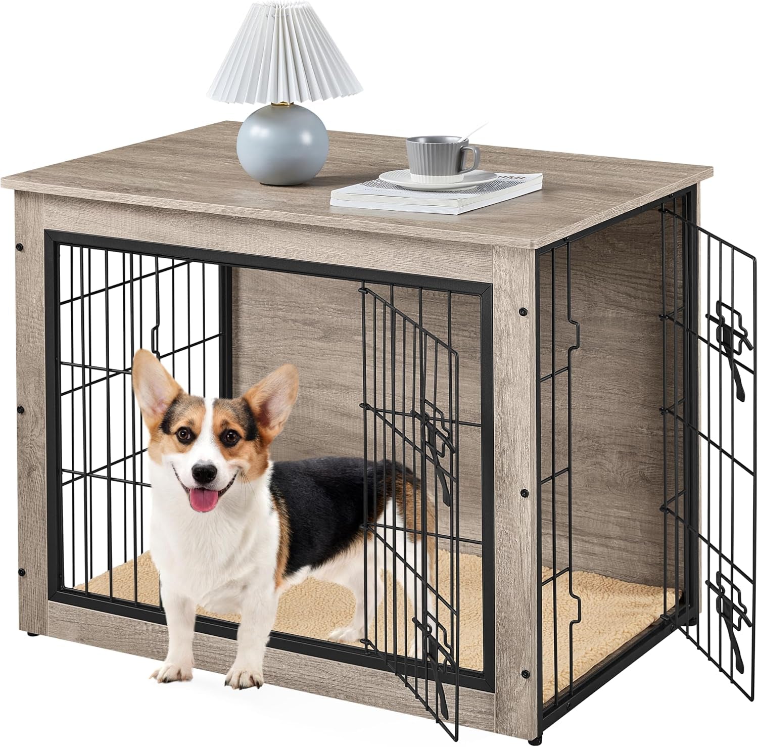 32'' Dog Crate Furniture, Side End Table W/Cushion, Double Doors, Adjustable Feet, Wooden Kennel Cage for Small/Medium Dogs, Indoor Outdoor