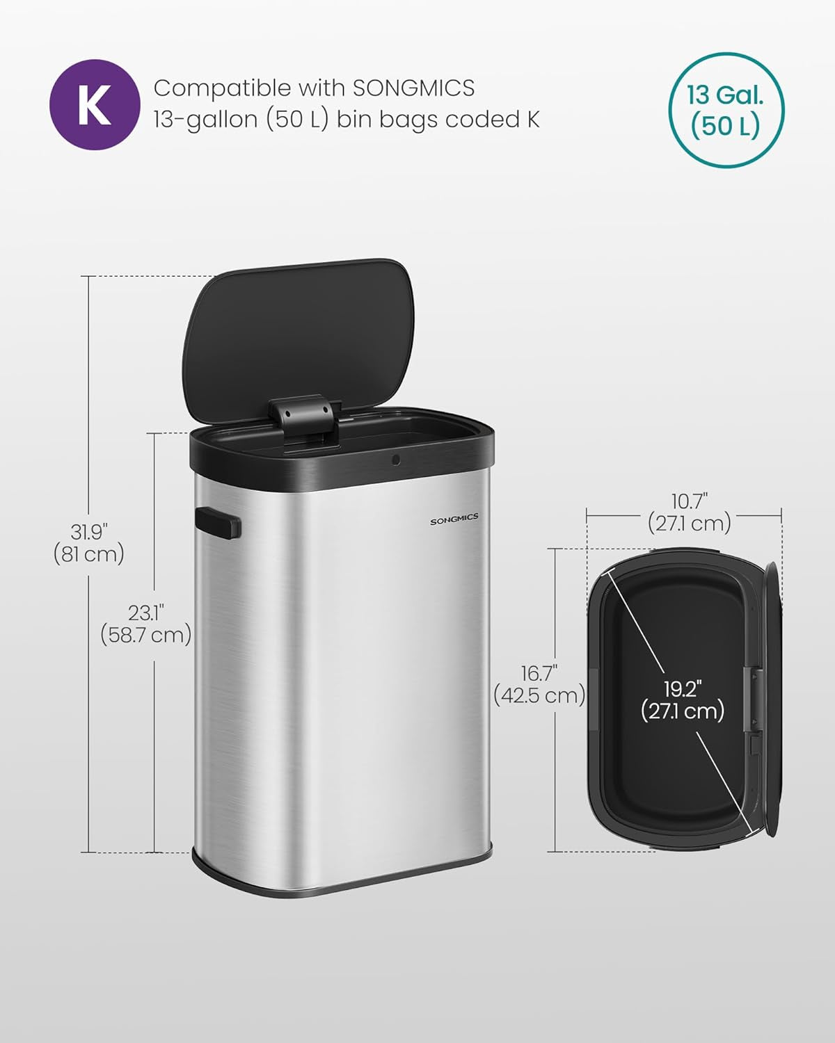 Motion Sensor Trash Can, 13-Gallon (50 L) Automatic Garbage Can with Soft Close Lid, Stainless Steel, Wave or Touch to Open, Includes 15 Bags, Metallic Silver and Ink Black ULTB640E01