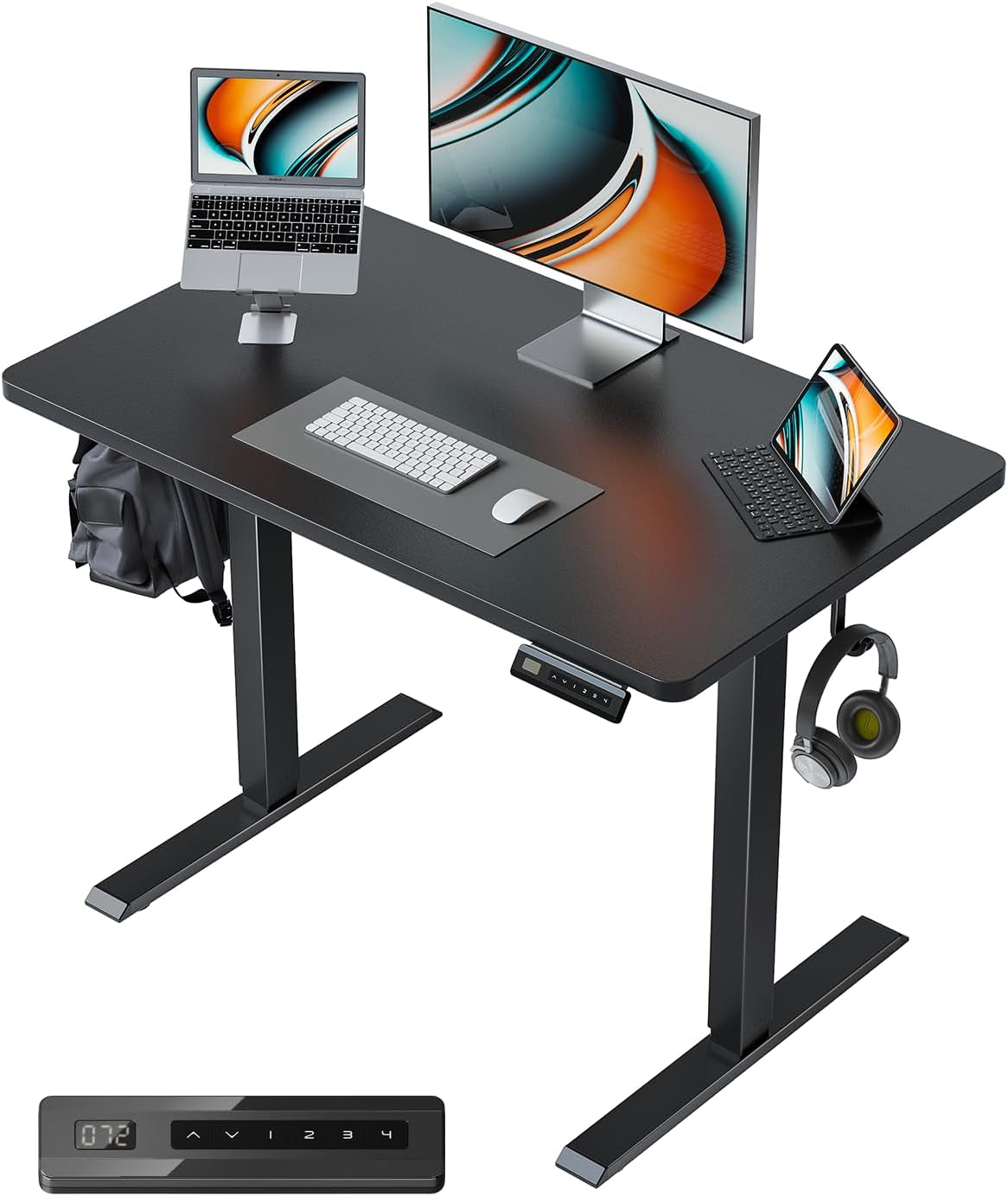 32 X 20 Small One-Piece Standing Desk, Adjustable Height Electric Computer Home Office Sit Stand up Workstation, with 4 Memory Presets, Headphone Hook, Black