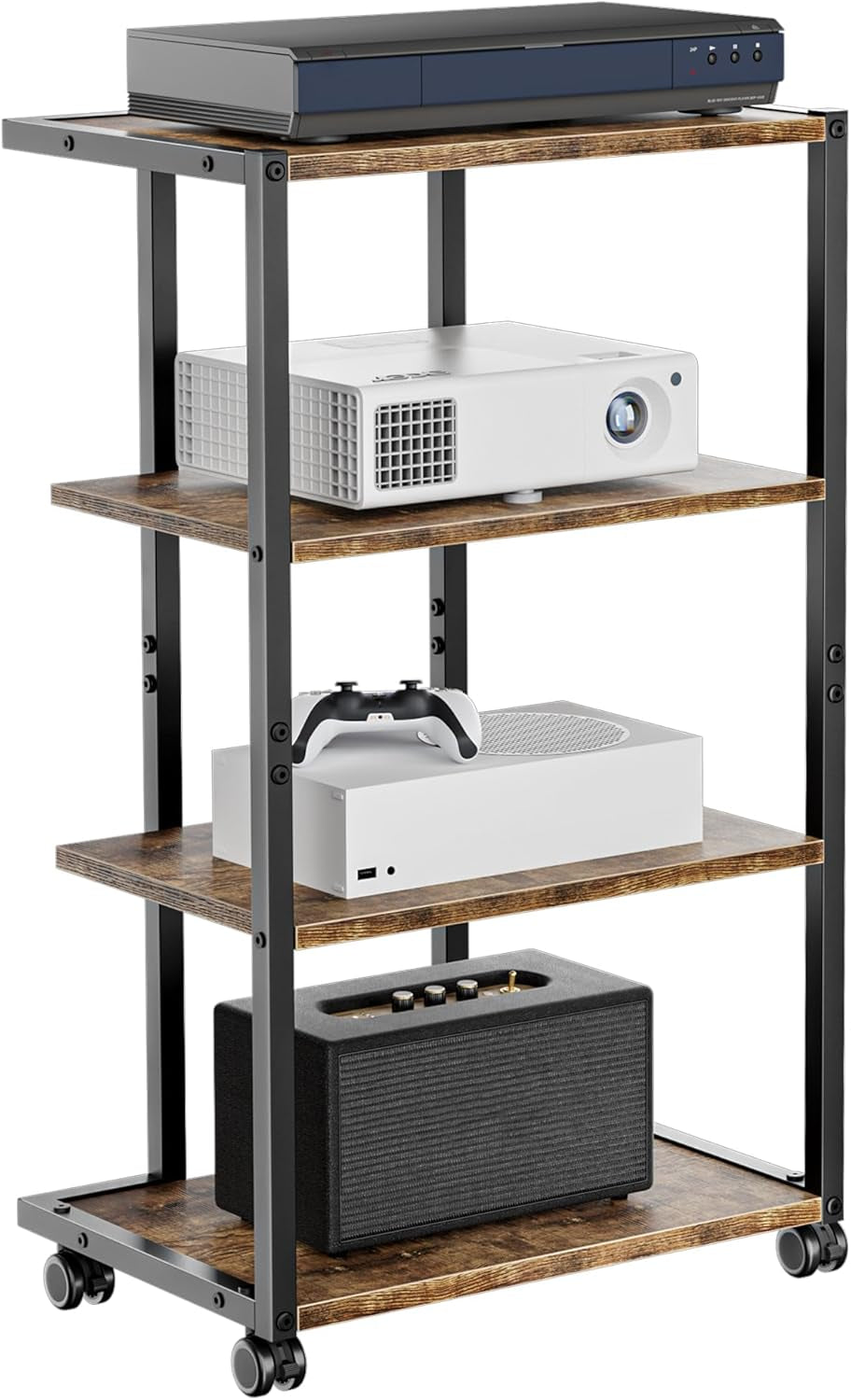 AV Media Stand with Wheels, 4-Tier Game Console Shelf, Rolling Media Cart for Small Space, Stereo Racks and Stands, Ideal for Record Player, Game Console, DVD Player, and Projector, Wood