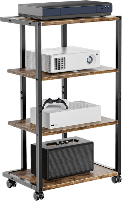 AV Media Stand with Wheels, 4-Tier Game Console Shelf, Rolling Media Cart for Small Space, Stereo Racks and Stands, Ideal for Record Player, Game Console, DVD Player, and Projector, Wood