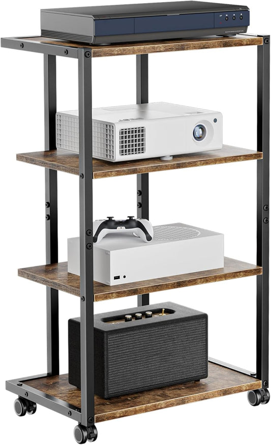AV Media Stand with Wheels, 4-Tier Game Console Shelf, Rolling Media Cart for Small Space, Stereo Racks and Stands, Ideal for Record Player, Game Console, DVD Player, and Projector, Wood