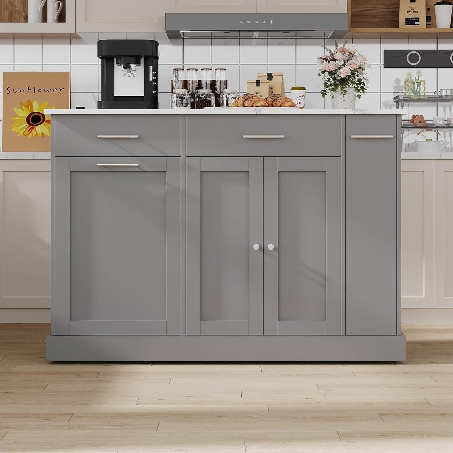 Kitchen Island on Wheels with Trash Can Storage, Rolling Kitchen Island Cart with Marble Countertop, Portable Island Table for Kitchen, Gray