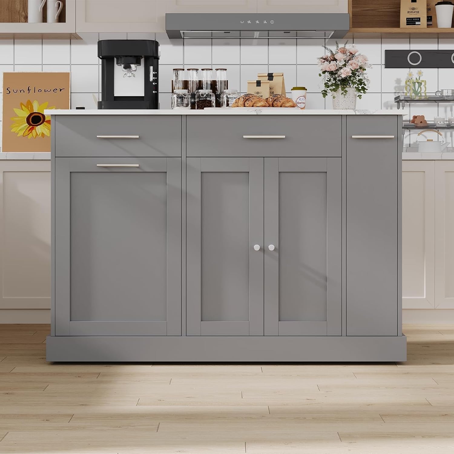 Kitchen Island on Wheels with Trash Can Storage, Rolling Kitchen Island Cart with Marble Countertop, Portable Island Table for Kitchen, Gray
