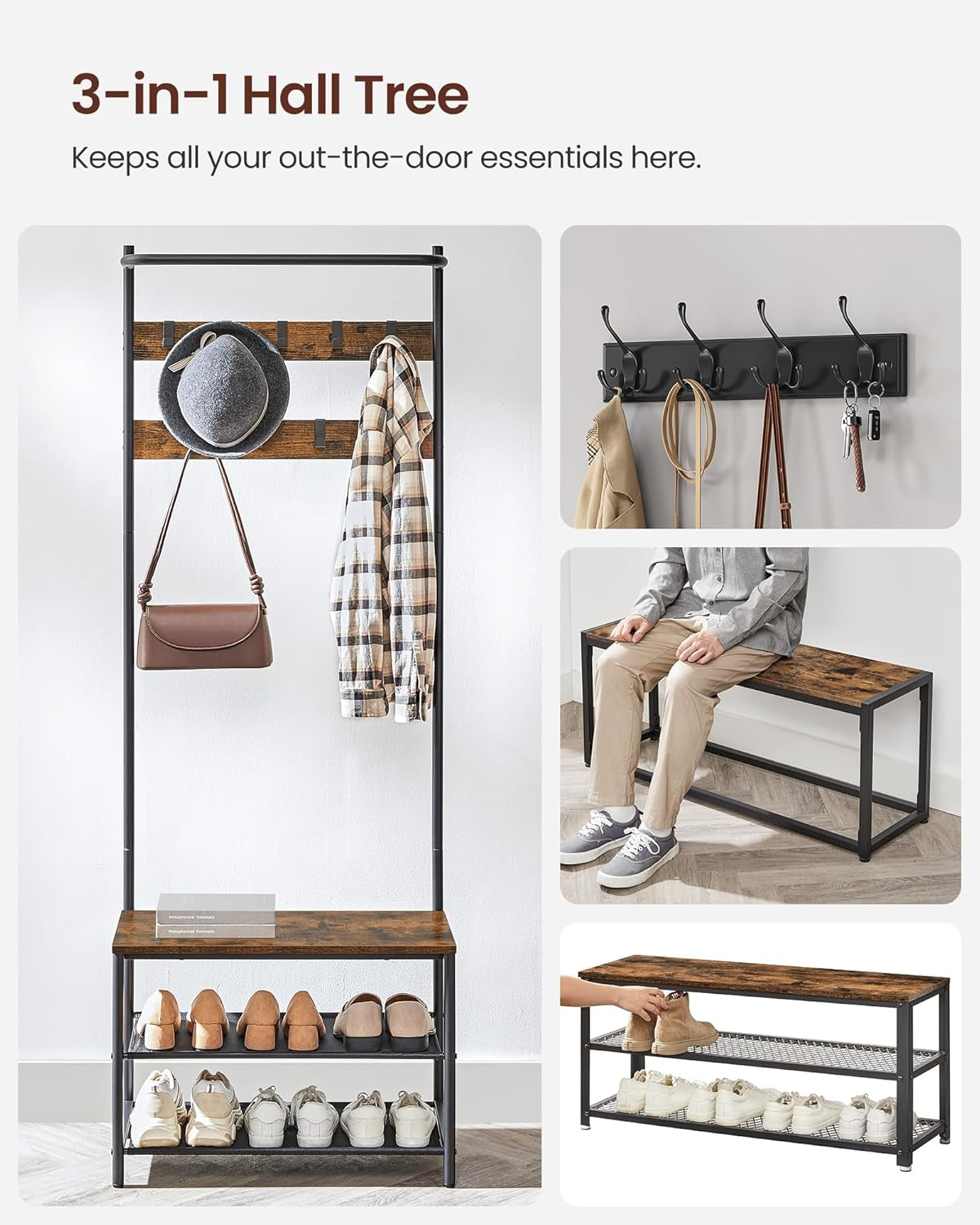 Hall Tree with Bench and Shoe Storage, Entryway Bench with Coat Rack Stand and Shoe Rack, 9 Movable Hooks, Top Bar, Fabric Shelves, Industrial, Rustic Brown and Black UHSR411B01