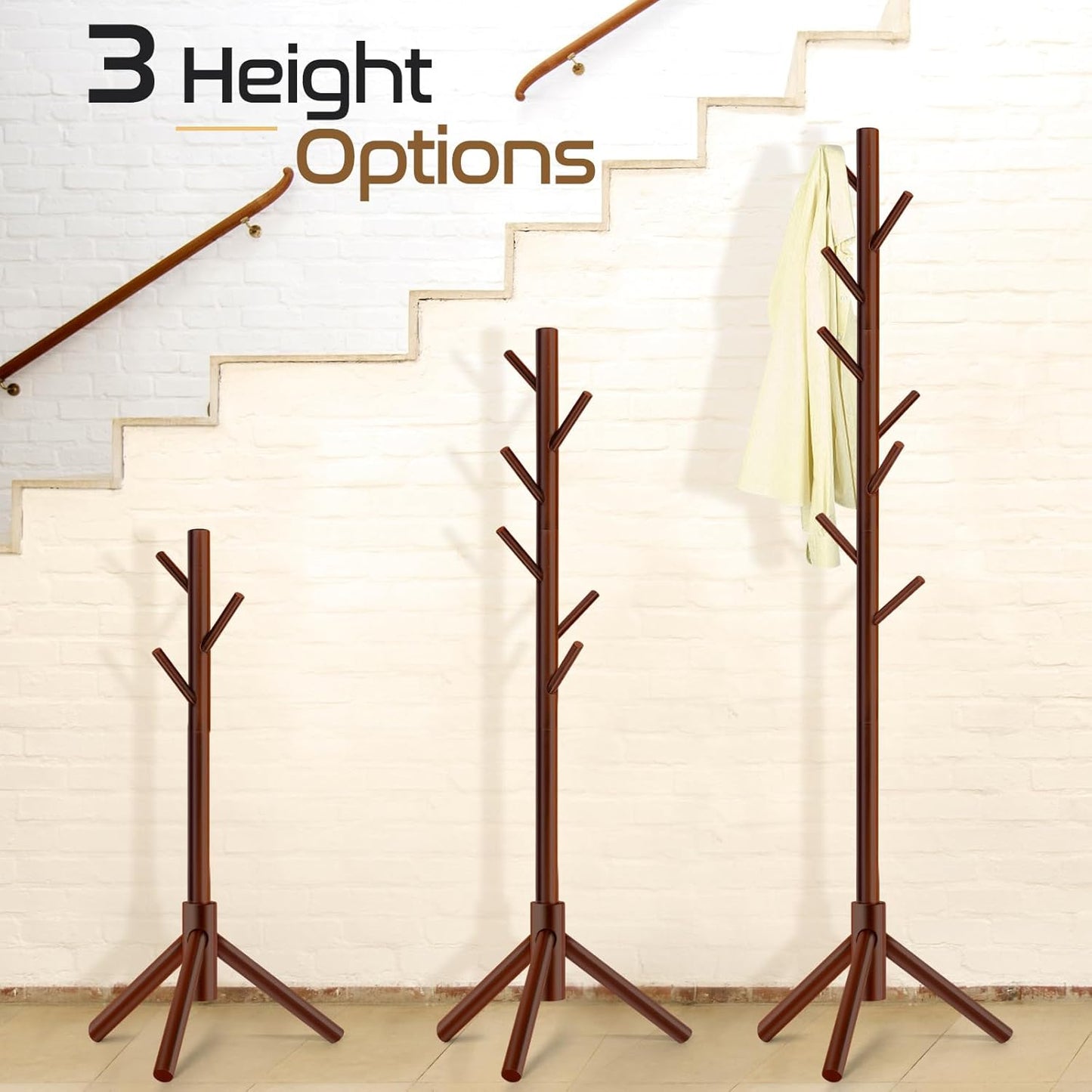 Solid Wooden Coat Rack Freestanding, New Zealand Pine Coat Tree with 8 Hooks & 3 Adjustable Sizes for Coats, Hats, Handbags and Scarves, Space Saving for Entryway/Office/Bedroom (Brown)