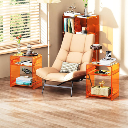 Acrylic End Table Record Player Table with Storage Shelf Clear Side Table Nightstand, Orange | Storage Shelf