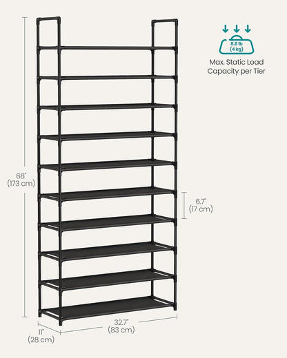 Shoe Rack, 10-Tier Shoe Shelf, Shoe Storage Organizer, 11 X 32.7 X 68 Inches, Metal Frame, Non-Woven Fabric Shelves, for Entryway, Bedroom, Black ULSH110BH01