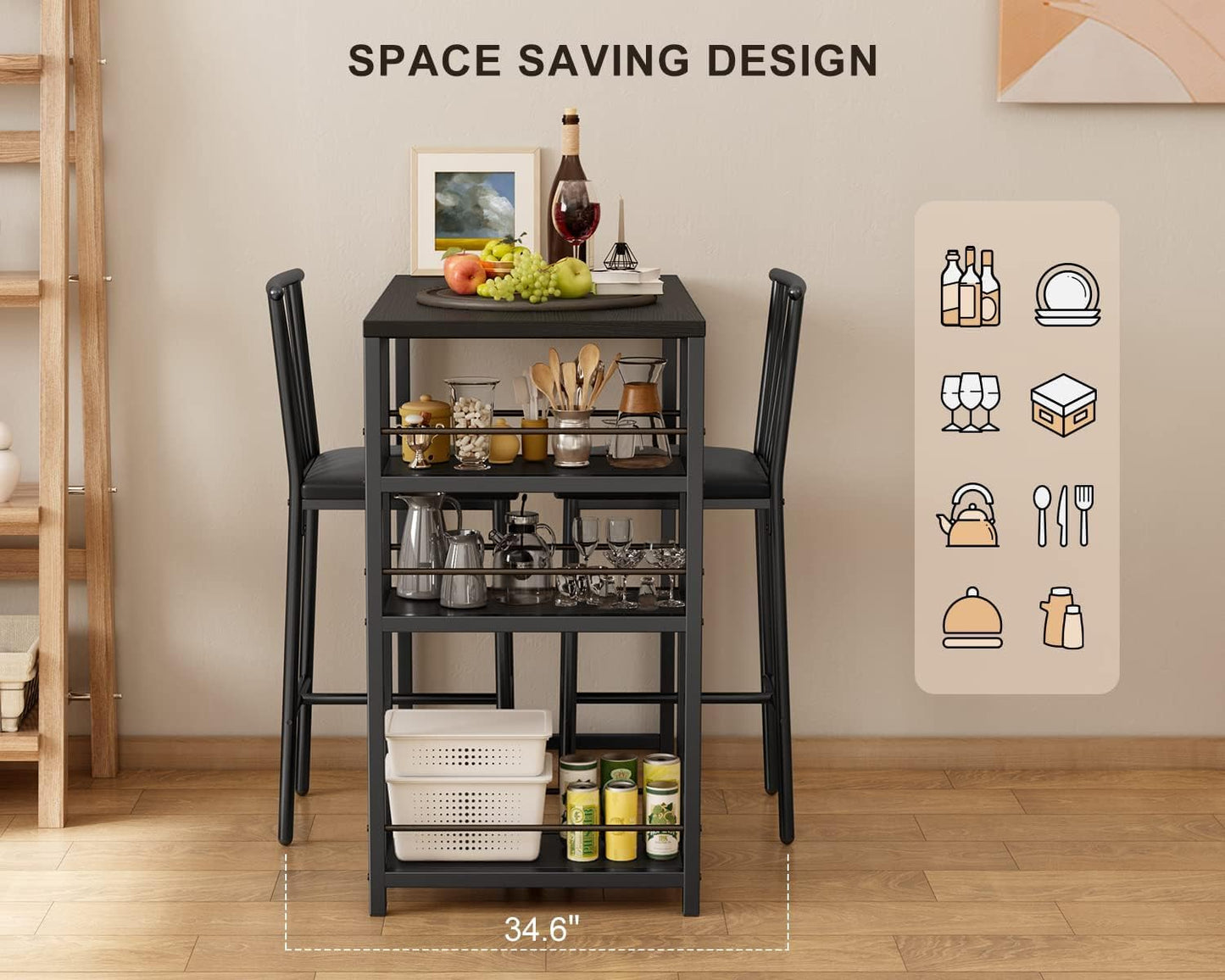 Dining Table Set for 2 with 3 Storage Shelves, Kitchen Table and Chairs for 2 with Pu Cushion Chairs & Thick Wood Top, 3 Piece Dining Table Set for Small Space, Apartment - Black
