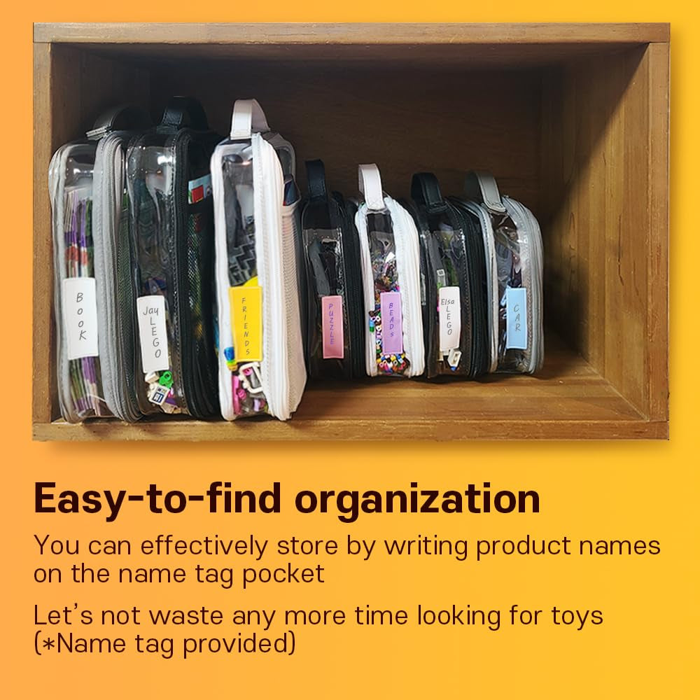 4 Packs PVC Zippered Blocks Set, Toy, Clay, Board Game Storage Organizer Case (Name Tag, Manual Pocket) (Black, Large)