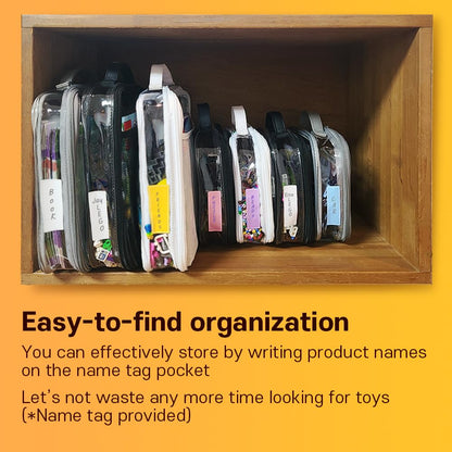 4 Packs PVC Zippered Blocks Set, Toy, Clay, Board Game Storage Organizer Case (Name Tag, Manual Pocket) (Black, Large)