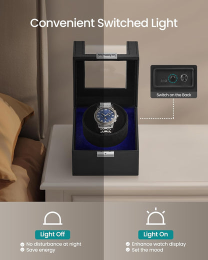 Automatic Single Watch Winder Box with Quiet Motor, for Automatic Watches, with LED Light, Adjustable Pillow, Lock, 4 Winding Settings, Includes a USB-C Charging Cable, Black UJWB030B01