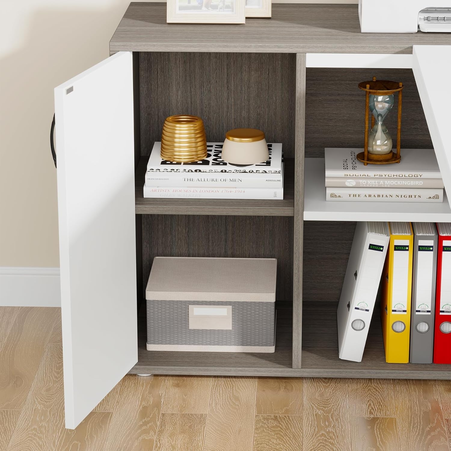 71 Inch Executive Desk, L Shaped Desk with Cabinet Storage, Executive Office Desk with Shelves, Business Furniture Set Workstation for Home Office, Gray and White