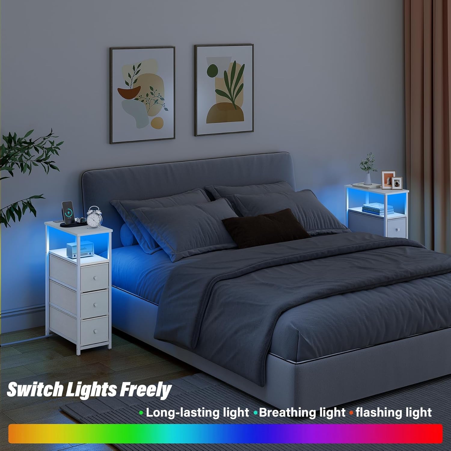 Narrow LED Night Stand with Charging Station, Slim End Table with Plugins, Tall Side Table with 3 Fabric Drawer, Small Bedside Table with Storage, for Living Room, White TB01BW086L