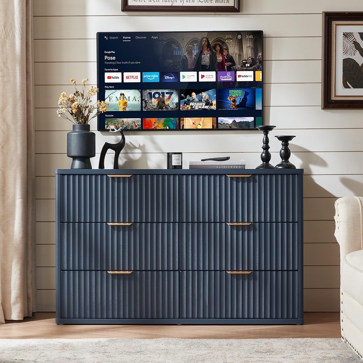 Fluted 6 Drawers Dresser for Bedroom, 48" Wide Modern Chest of Drawers with Metal Handle, Navy Blue Curved Profile Farmhouse Closet Organizer Wood Dressers TV Stand for Living Room, Hallway