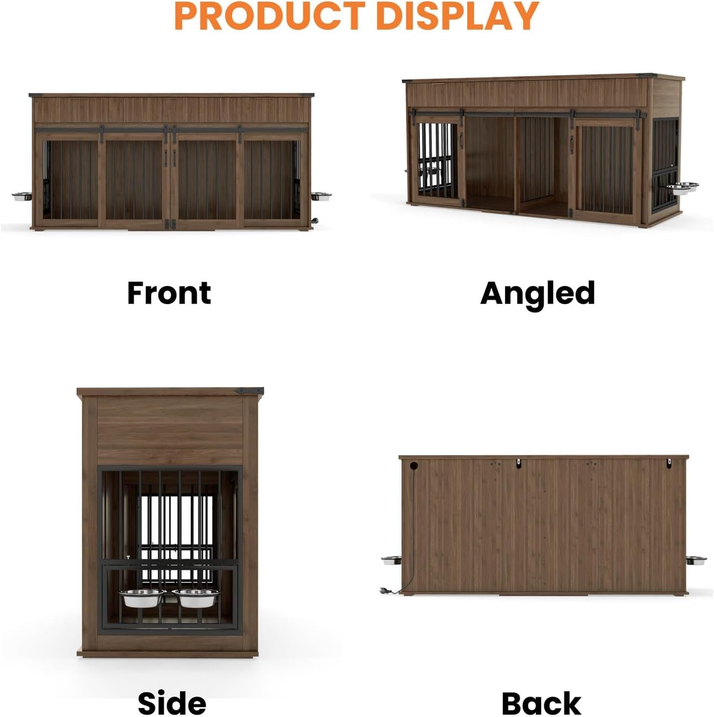 71'' Double Dog Crate Furniture for 2 Dogs, XXL Wooden Indoor Dog Kennel with 3 Fluted Drawers & Charging Station, Removable Divider, 360° Rotating Feeder, TV Stand or Side Table, Walnut