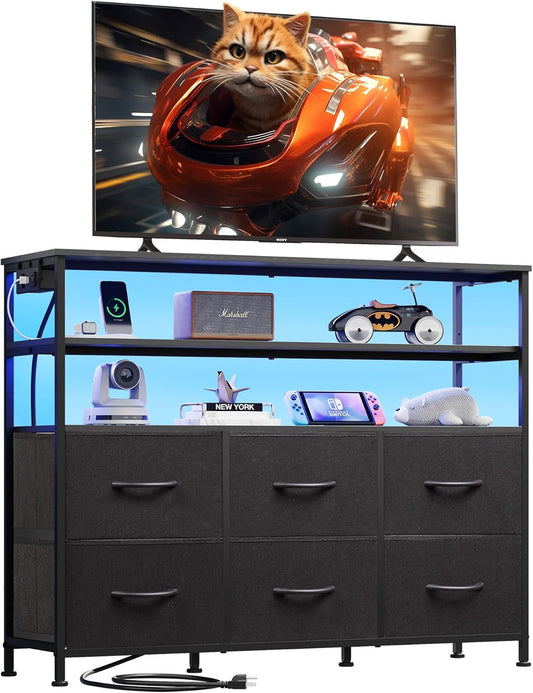 Black TV Stand for 40, 45 Inch TV, Entertainment Center with LED Lights & Charging Station, TV Media Console Table with 6 Fabric Drawers and Open Shelves for Living Room, Hallway, Wood Top