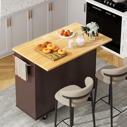 Kitchen Island with Folding Drop Leaf, Rolling Island Table with Storage, Kitchen Cabinet on Wheels with Seating Area for Kitchen, Bar Cart with Cabinet, Brown