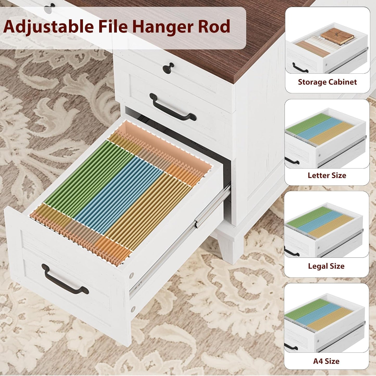 Executive Desk with File Drawers, Farmhouse Home Office Desk with Charging Station, 60 in Wooden Computer Desk with Cabinet Storage for Work Study Writing, White Walunt
