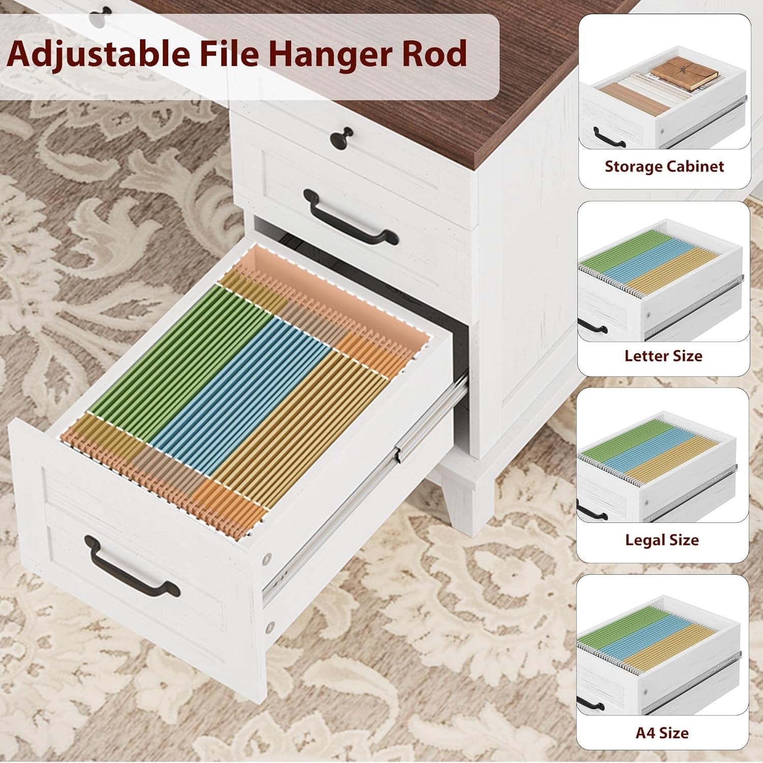 Executive Desk with File Drawers, Farmhouse Home Office Desk with Charging Station, 60 in Wooden Computer Desk with Cabinet Storage for Work Study Writing, White Walunt