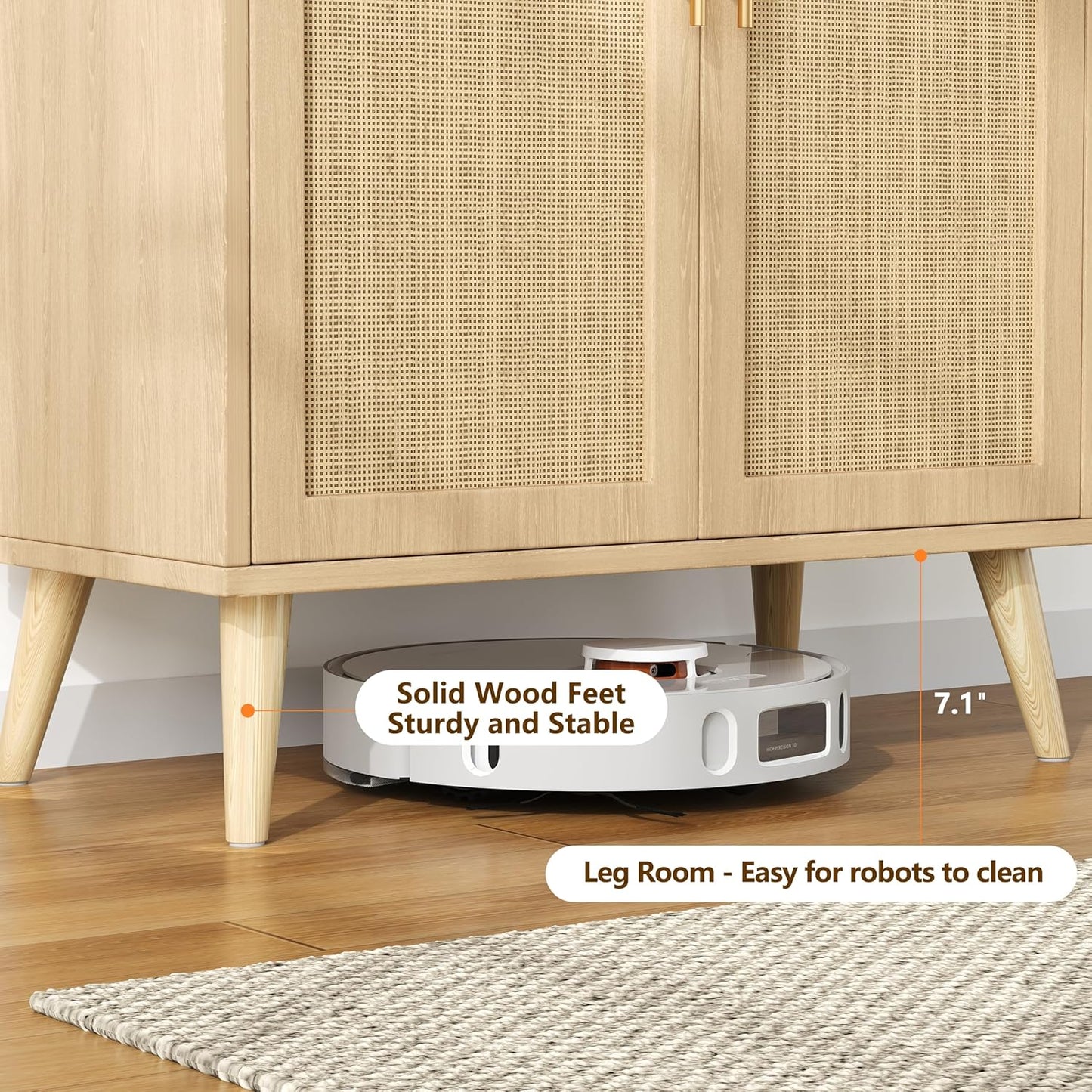Rattan Buffet Cabinet with Storage, Boho Buffet Table with Adjustable Shelf and Solid Wood Legs, Accent Sideboard with Doors, Floor Cabinet for Kitchen, Dining Room and Living Room, Natural