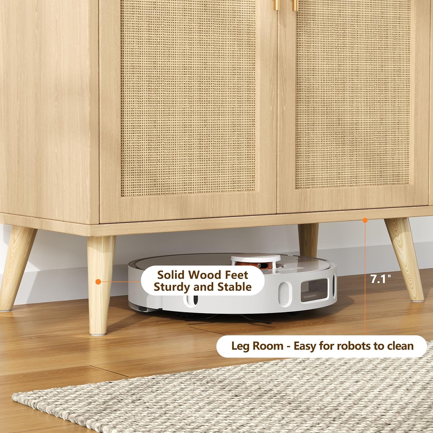 Rattan Buffet Cabinet with Storage, Boho Buffet Table with Adjustable Shelf and Solid Wood Legs, Accent Sideboard with Doors, Floor Cabinet for Kitchen, Dining Room and Living Room, Natural