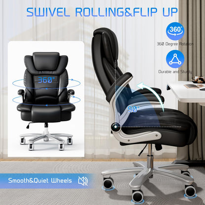 Big and Tall Office Chair 400Lb Wide Seat, Ergonomic High Back Leather Executive Desk Chair with Flip-Up Arms, Black