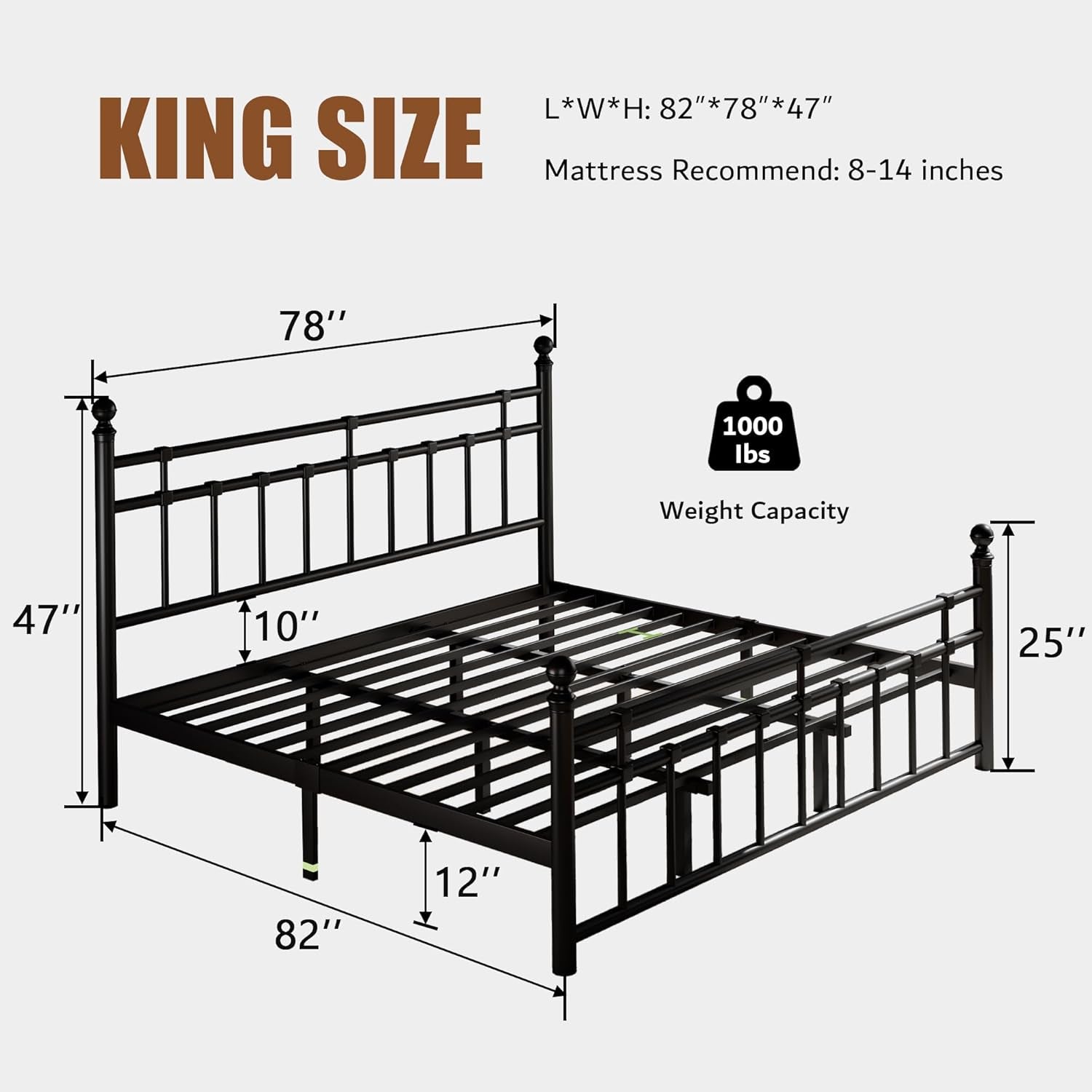 King Metal Bed Frame with Vintage Headboard and Footboard, Farmhouse King Size Bed Frame, under Bed Storage, No Box Spring Needed, Noise-Free, Black