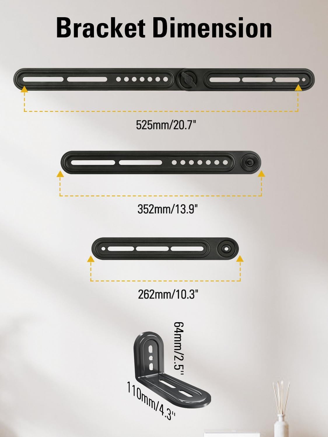 Soundbar Mount Bracket for Mounting above or under TV Fits Most of Sound Bars up to 15 Lbs, with Detachable Long Extension Plates MD5420