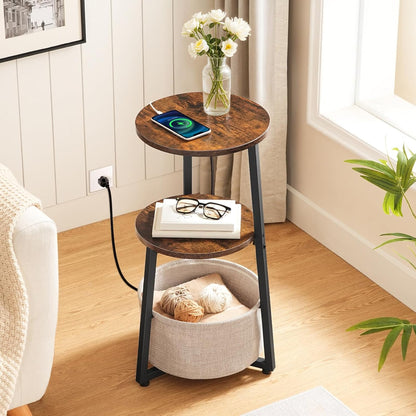 Small round Side Table with Charging Station, round End Accent Table with Storage Basket, Compact Sofa Bedside Table for Small Space in Living Room, Bedroom, Rustic Brown BF169UBZ01