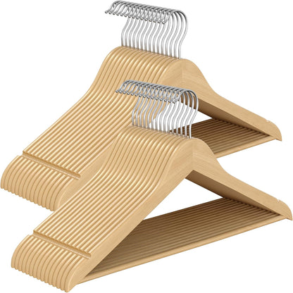 Wooden Hangers, Pack of 30, Coat Hangers, Pants Bar, 360° Swivel Hooks, Solid Birch Wood, Space Saving, for Jackets, Shirts, Coats, Natural Beige UCRW030K01