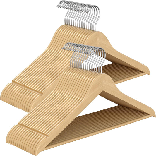Wooden Hangers, Pack of 30, Coat Hangers, Pants Bar, 360° Swivel Hooks, Solid Birch Wood, Space Saving, for Jackets, Shirts, Coats, Natural Beige UCRW030K01