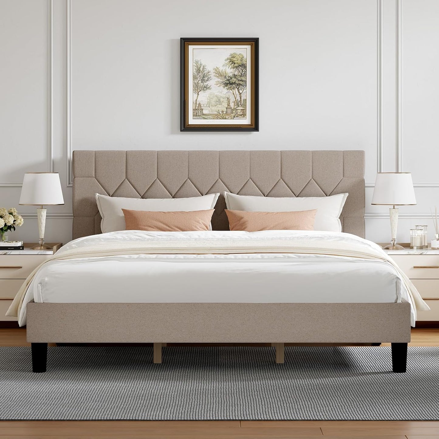 King Size Bed Frame, King Bed Frame and Headboard, Linen Upholstered Pull-Point Bed Frames, No Box Spring Needed, Heavy Duty Feet, Easy Assembly, Beige